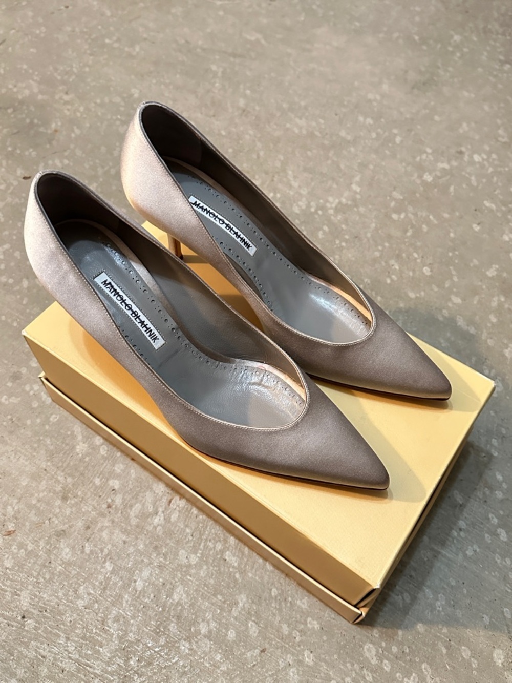 Manolo Blahnik Taupe Satin Pointed Toe Pumps - Classic Neutral